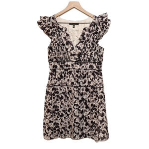 Cynthia Steffe 8 Black Cream Printed Pleated Dress Short Ruffle Flutter Sleeve